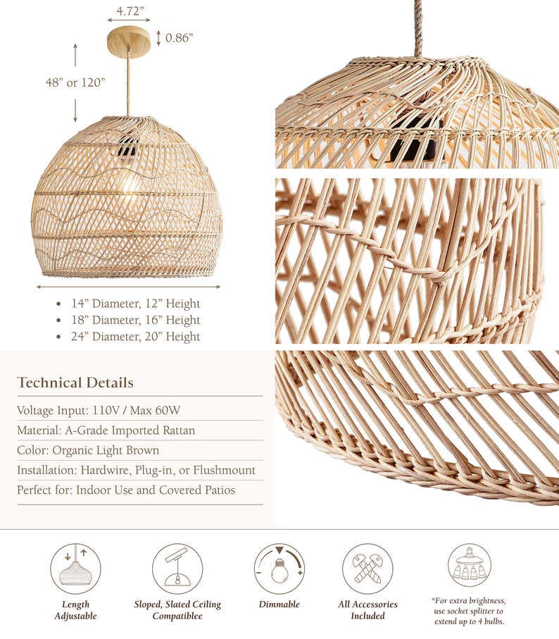 Evelyn Rattan Pendant Light Modern Organic, Farmhouse, Bohemian Lampshade, Bamboo pendant light, Rattan Furniture, Patio Pendant Light image 4