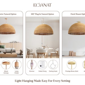 Crescent Rattan Pendant Light Boho Lamp, Bamboo Pendant Light, Boho Lamp, Farmhouse, Rattan Lampshade, Pendant Lighting, Ceiling Lighting image 4