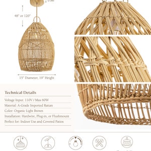 Gigi Rattan Pendant Light Modern Organic, Farmhouse, Bohemian Lampshade, Bamboo pendant light, Rattan Furniture, Patio Pendant Light image 4