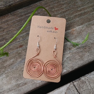 Handmade Copper Spiral Earrings - Rustic Bronze Age Dangle Earrings with 925 Silver Plated Hooks - Gift for Her
