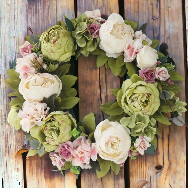 Artificial Green and White Peony Wreath, Peony Garland, Rattan Wreath, Artificial Flower Wreath, Door Wreath, Spring Door Wreaths, Spring