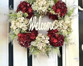 Artificial Red Hydrangea Wreath, Welcome Wreath, Red Spring Wreath, Door Wreaths, Spring Wreath For Front Door, Floral Decor,