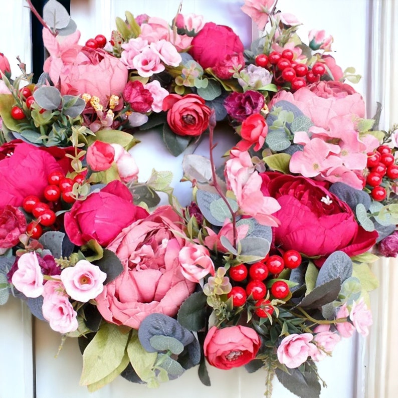 Artificial Red Peony Wreath, Artificial Berry Wreath, Spring Wreath For Front Door, Red Berry Wreath, Red Silk Flower Wreath, Spring Wreaths image 2