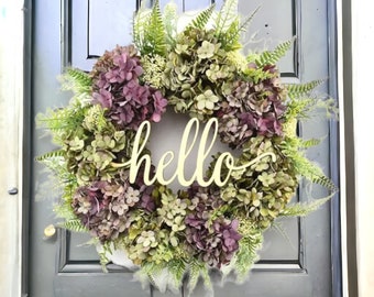 Couronne d'hortensias violets artificiels, couronne de bienvenue, couronne de printemps violet, couronnes de porte, couronne de printemps pour porte d'entrée, décoration florale,