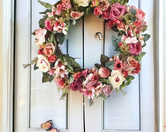 Red and Pink Artificial Rose Wreath,Red and Pink  Spring Wreath, Door Wreaths, Spring Wreath For Front Door, Floral Decor, Red Flower Wreath