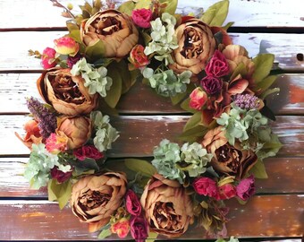 Artificial Brown Peony Wreath, Peony Garland, Rattan Wreath, Artificial Flower Wreath, Door Wreath, Spring Door Wreaths, Spring Wreaths