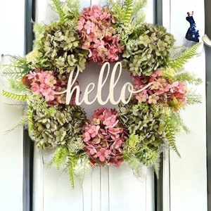 Artificial Hydrangea Pink and Green Wreath, Welcome Wreath, Pink and Green Spring Wreath, Door Wreaths, Spring Wreath For Front Door