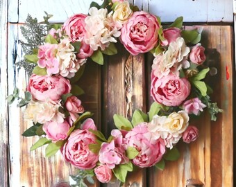 Artificial Pink Peony Wreath, Peony Garland, Pink Wreath, Artificial Flower Wreath, Door Wreath, Spring Door Wreaths, Spring Wreaths