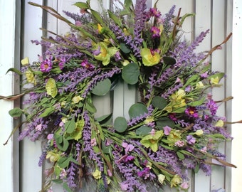 Kunstmatige lavendelkrans, paarse krans, paarse lentekrans, deurkransen, lentekrans voor voordeur, bloemendecor, bloemenkrans