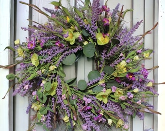 Corona di lavanda artificiale, Corona viola, Corona primaverile viola, Ghirlande per porte, Corona primaverile per porta d'ingresso, Decorazione floreale, Ghirlanda di fiori