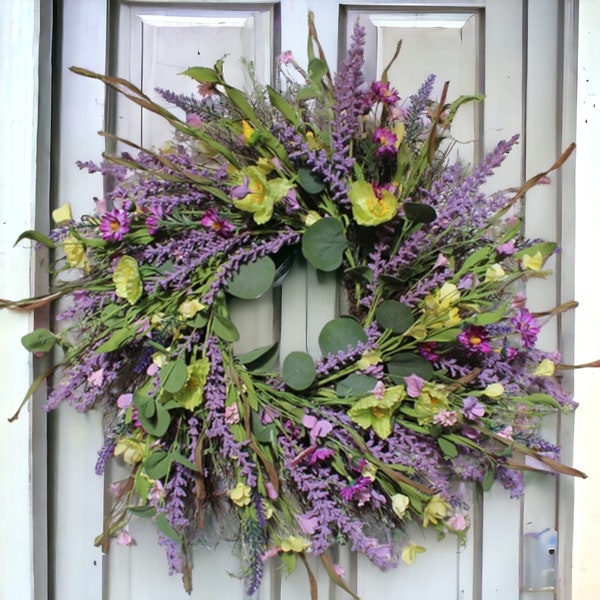 Couronne de lavande artificielle, couronne violette, couronne de printemps violet, couronnes de porte, couronne de printemps pour porte d'entrée, décoration florale, couronne de fleurs