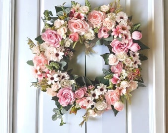Couronne de roses artificielles roses et blanches, couronne de printemps rose et blanche, couronnes de porte, couronne de printemps pour porte d'entrée, décoration florale, couronne de fleurs