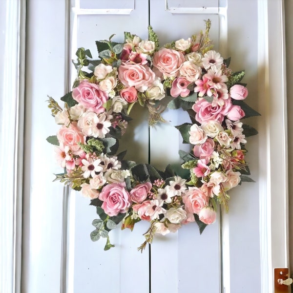 Couronne de roses artificielles roses et blanches, couronne de printemps rose et blanche, couronnes de porte, couronne de printemps pour porte d'entrée, décoration florale, couronne de fleurs