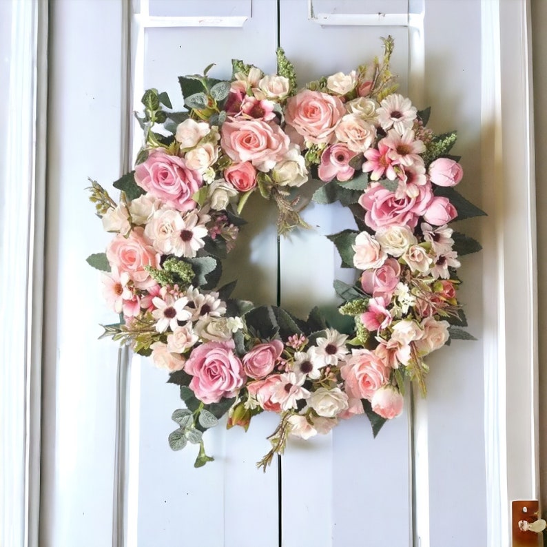 Pink and White Artificial Rose Wreath,Pink and White Spring Wreath, Door Wreaths, Spring Wreath For Front Door,Floral Decor, Flower Wreath image 1