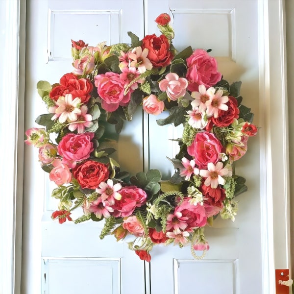 Faux Rose Red Wreath, Red Spring Wreath, Door Wreaths, Spring Wreath For Front Door, Floral Decor,  Red Silk Flower Wreath, Silk Wreath