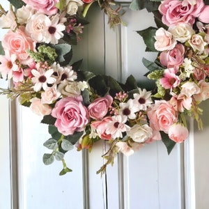 Pink and White Artificial Rose Wreath,Pink and White Spring Wreath, Door Wreaths, Spring Wreath For Front Door,Floral Decor, Flower Wreath image 2