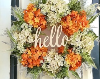 Artificial Hydrangea Orange and Green Wreath, Welcome Wreath, Orange and Green Spring Wreath, Door Wreaths, Spring Wreath For Front Door