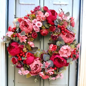 Artificial Red Peony Wreath, Artificial Berry Wreath, Spring Wreath For Front Door, Red Berry Wreath, Red Silk Flower Wreath, Spring Wreaths