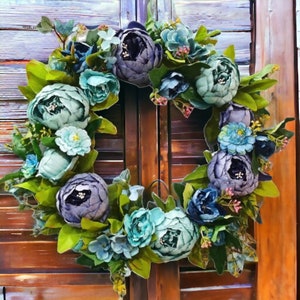 Artificial Dark Blue Peony Wreath, Peony Garland, Blue Wreath, Artificial Flower Wreath, Door Wreath, Spring Door Wreaths, Spring Wreaths