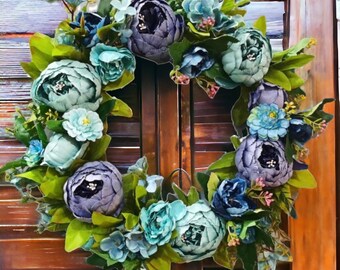 Artificial Dark Blue Peony Wreath, Peony Garland, Blue Wreath, Artificial Flower Wreath, Door Wreath, Spring Door Wreaths, Spring Wreaths