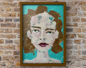 May include: An abstract portrait painting of a person with brown hair, green eyes, and red lips. The artwork is framed in a brown wooden frame and set against a teal background. The painting is displayed on a brick wall.