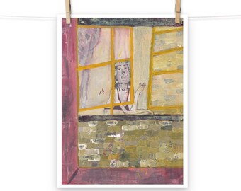 Woman Abstract Art, Colorful Wall Art Print, Expressionist Figure, Surprised Girl Painting, Waiting Girl Portrait, Woman Behind Window Art