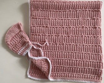 Hand knitted baby blanket(36”X 36”)with a baby cap