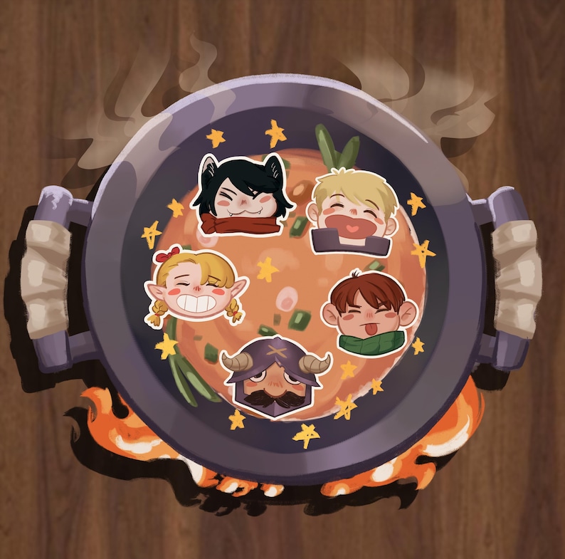 May include: A purple pot with a brown handle sits on a wooden surface with flames underneath. Inside the pot is a red broth with green vegetables and five cartoon faces of people with different expressions.