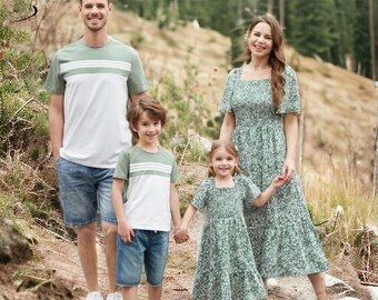 Passende Familienoutfits | Allover Blumendruck Gesmokte Kleider Gestreifte Baumwolle T-Shirts Sets | Mama und ich Kleid | Frühling Sommer Kleid