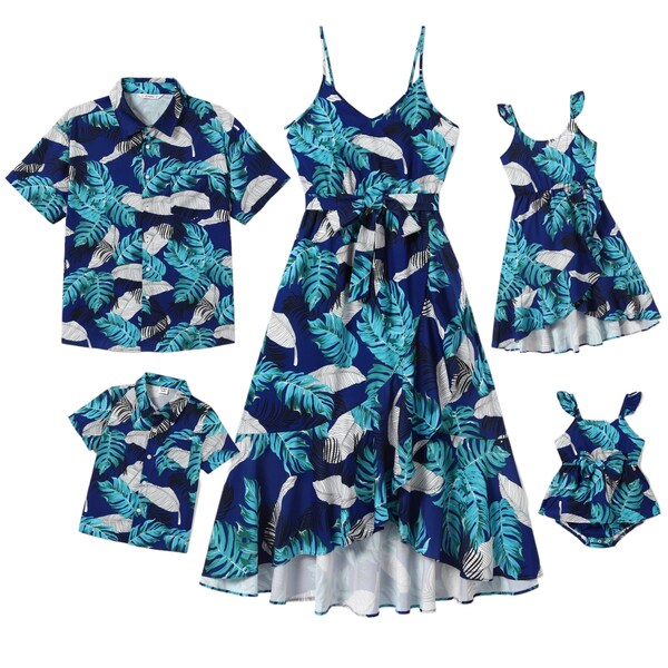 Family Matching Outfits | Feather and Leaf Pattern Wrap Strap Dress and Beach Shirt Sets | Mommy and Me dress| Spring Summer dress