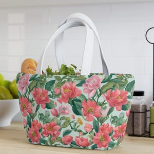 Sac à lunch floral, fourre-tout isotherme, pivoines roses, verdure, imperméable, glacière-repas réutilisable pour le travail, l'école, pique-nique