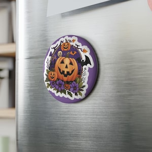 Halloween Button Magnet, Round Jack-O-Lantern Pumpkin Magnet with Bats, Moon, Spooky Autumn Purple Decorative Magnet