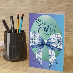 Elegante Oster Grußkarte, Vintage Blaue Blumenbogen, Pastell Ei, Frohe Ostern, Karte für Frühling, Freunde, Familie