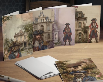 Conjunto de 5 cartões de felicitação com tema de cabana de pirata, com ilustrações vintage de animais e capitães.