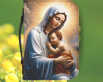 Virgin Mary & Baby Jesus Bible Cover, Zippered PU Leather Prayer Book Case