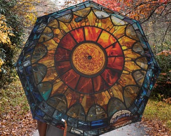 Stained Glass Sun Halbautomatischer faltbarer Regenschirm