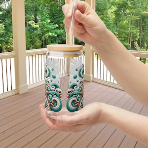 16oz Ocean Wave Sipper Glass with Bamboo Lid - Straw, Coastal Seashell Starfish Glass Cup, Beach Themed Iced Coffee Glass Tumbler