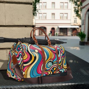 Retro Swirl Waterproof Travel Bag, Colorful 70s-Inspired Weekender Duffle, Groovy Carry-On Tote, Durable Bag for Bold Getaways & Trips