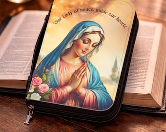 Our Lady of Peace Bible Cover | Catholic Zippered PU Leather Case.