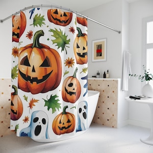 Halloween Shower Curtain: Pumpkin, Ghosts & Fall Leaves - Polyester Fabric.