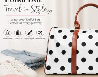 Black White Polka Dot Duffel Bag, Waterproof Weekender Tote
