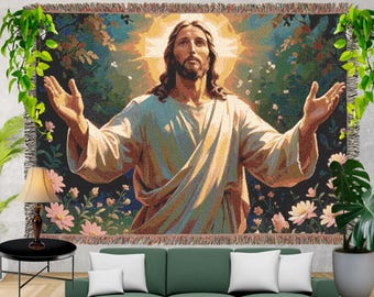 Christian Woven Throw Blanket, Jesus & Floral Design, Cotton Tapestry