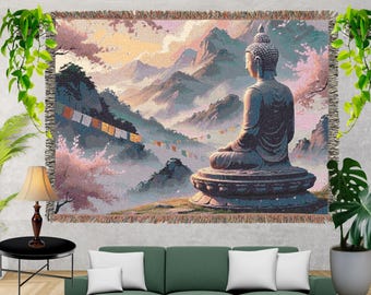 Buddha Meditation Woven Blanket, Zen Home Decor Tapestry