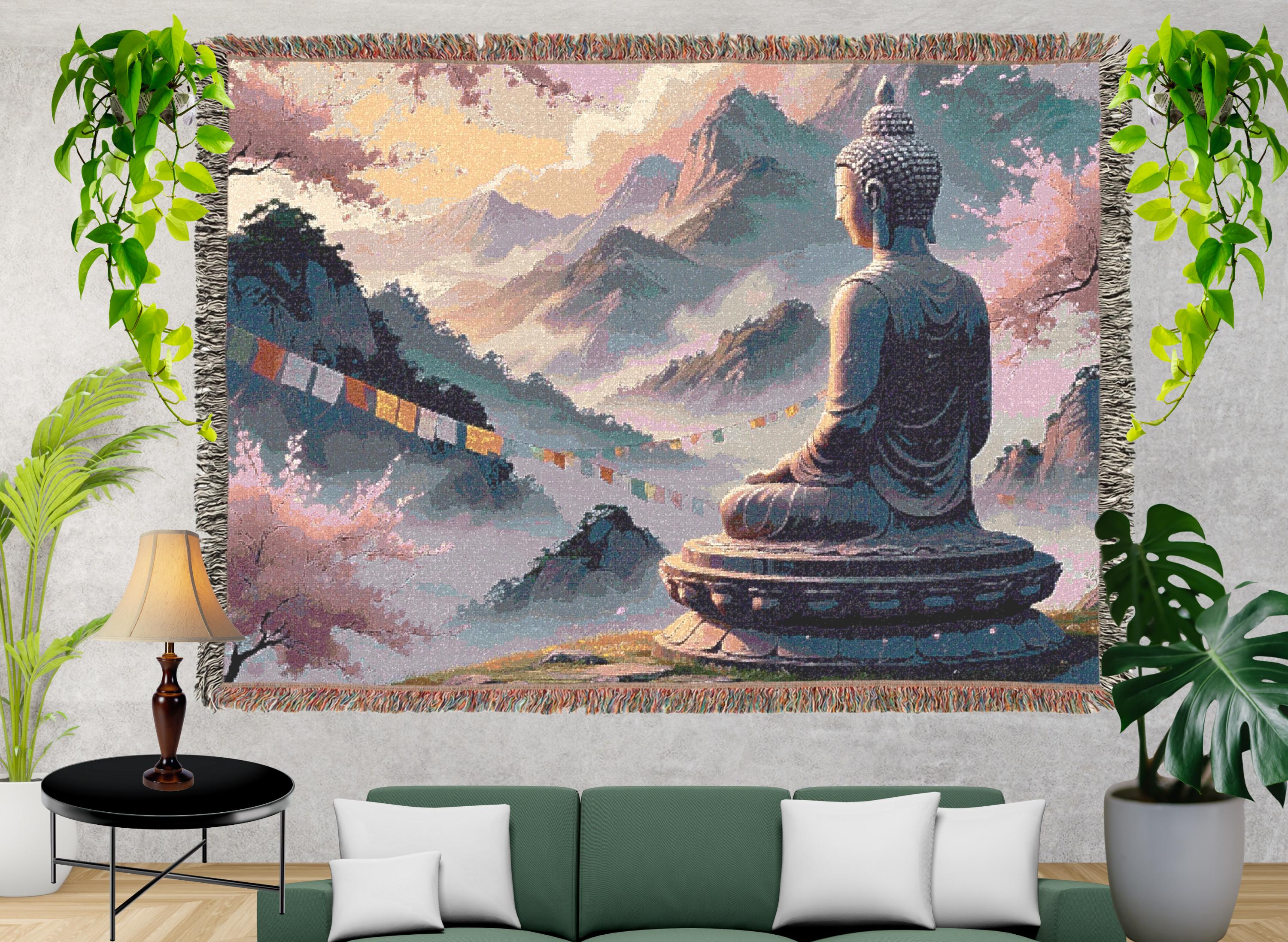 Tenture batik violette en coton de Bouddha en méditation