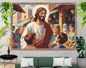 Manta tejida de Jesús con niños, tapiz cristiano, decoración del hogar con fe