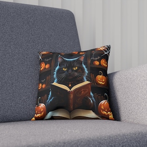 Halloween Black Cat Pillow: Gothic Witchy Decor, Cozy Fall Cushion.