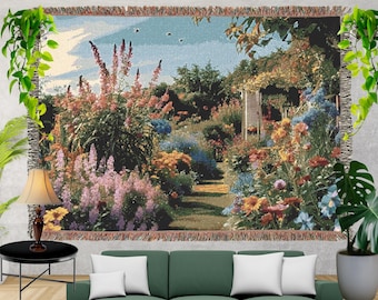 Cottage core Garden Woven Blanket, Floral Tapestry Throw, 100% Cotton