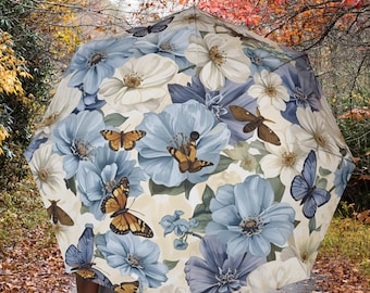 ブルーフローラルバタフライセミオート折りたたみ傘