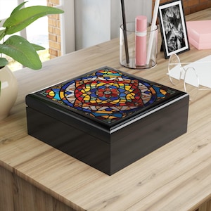 Stained Glass Jewelry Box, Colorful Mandala Design, Black Frame, Keepsake Box, Gothic Art Gift for Her, Boho Decor Storage Box