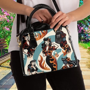 Retro Pin-Up Shoulder Bag, Rockabilly Flame Print Handbag, Tattoo-Inspired Vegan Leather Purse, Bold Vintage Gift for Her